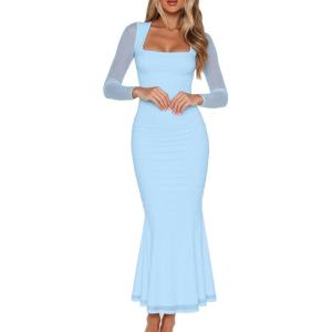 BORIFLORS Women’s Ruched Bodycon Long Sleeve Maxi Dress Mesh Square Neck Cocktail Party Long Dresses(Baby Blue)