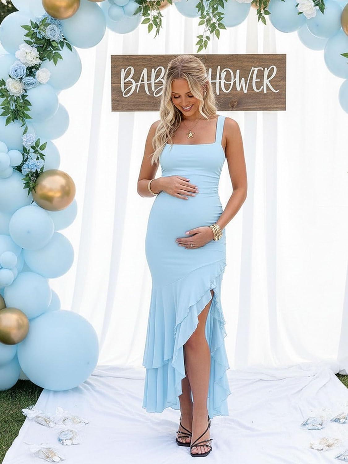 image:imageBORIFLORS Womens Elegant Bodycon Ruched Maxi Cocktail Dress Mesh Sleeveless Mermaid Ruffle Beach Wedding Guest Long DressesBaby Blue
