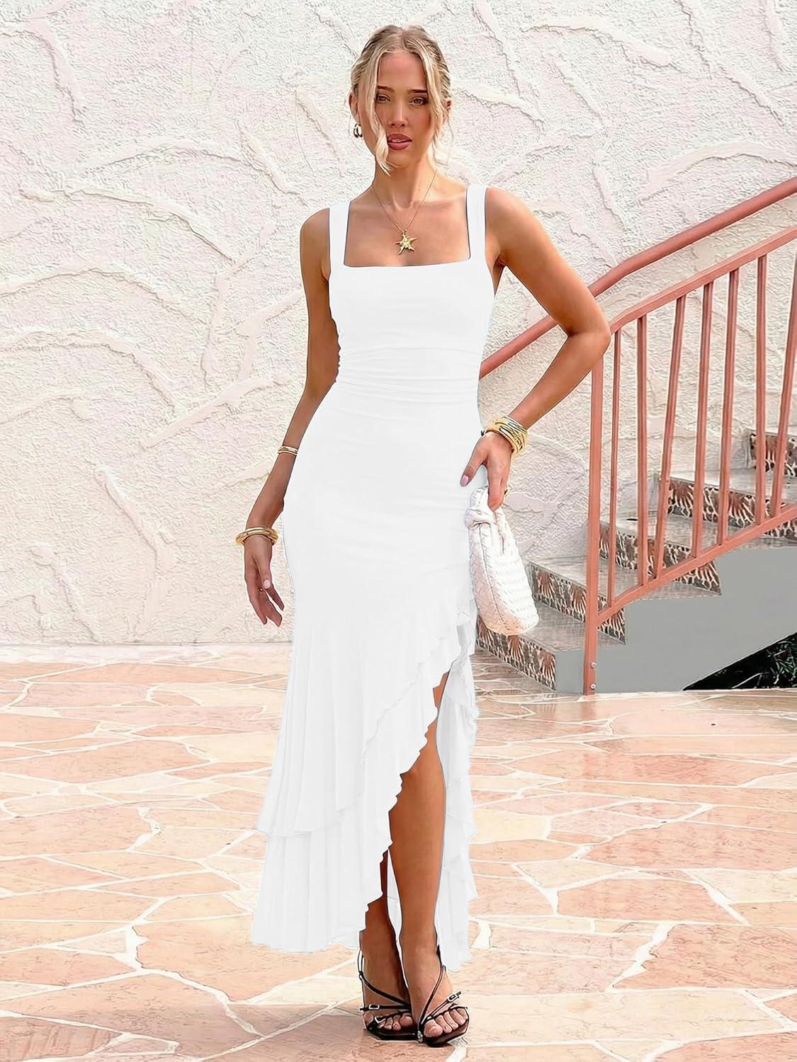 image:imageBORIFLORS Womens Elegant Bodycon Ruched Maxi Cocktail Dress Mesh Sleeveless Mermaid Ruffle Beach Wedding Guest Long DressesWhite