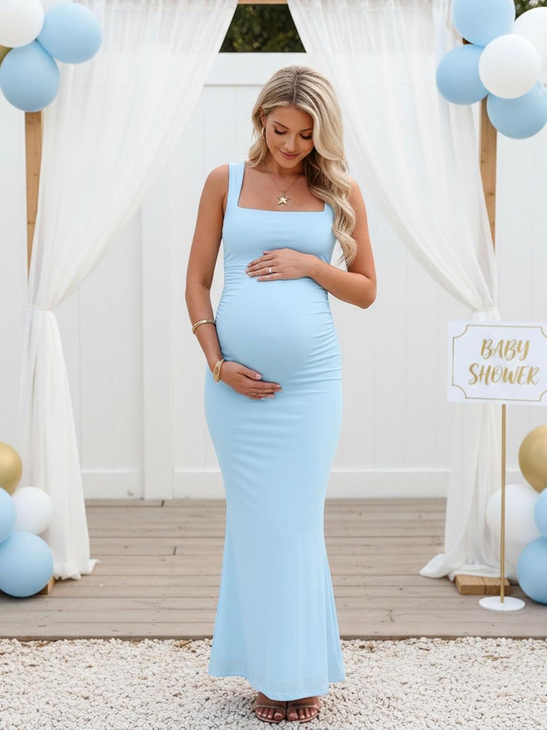 image:imageBORIFLORS Womens Ruched Bodycon Maxi Dress Mesh Sleeveless Square Neck Formal Beach Wedding Guest Cocktail Long DressesBaby Blue