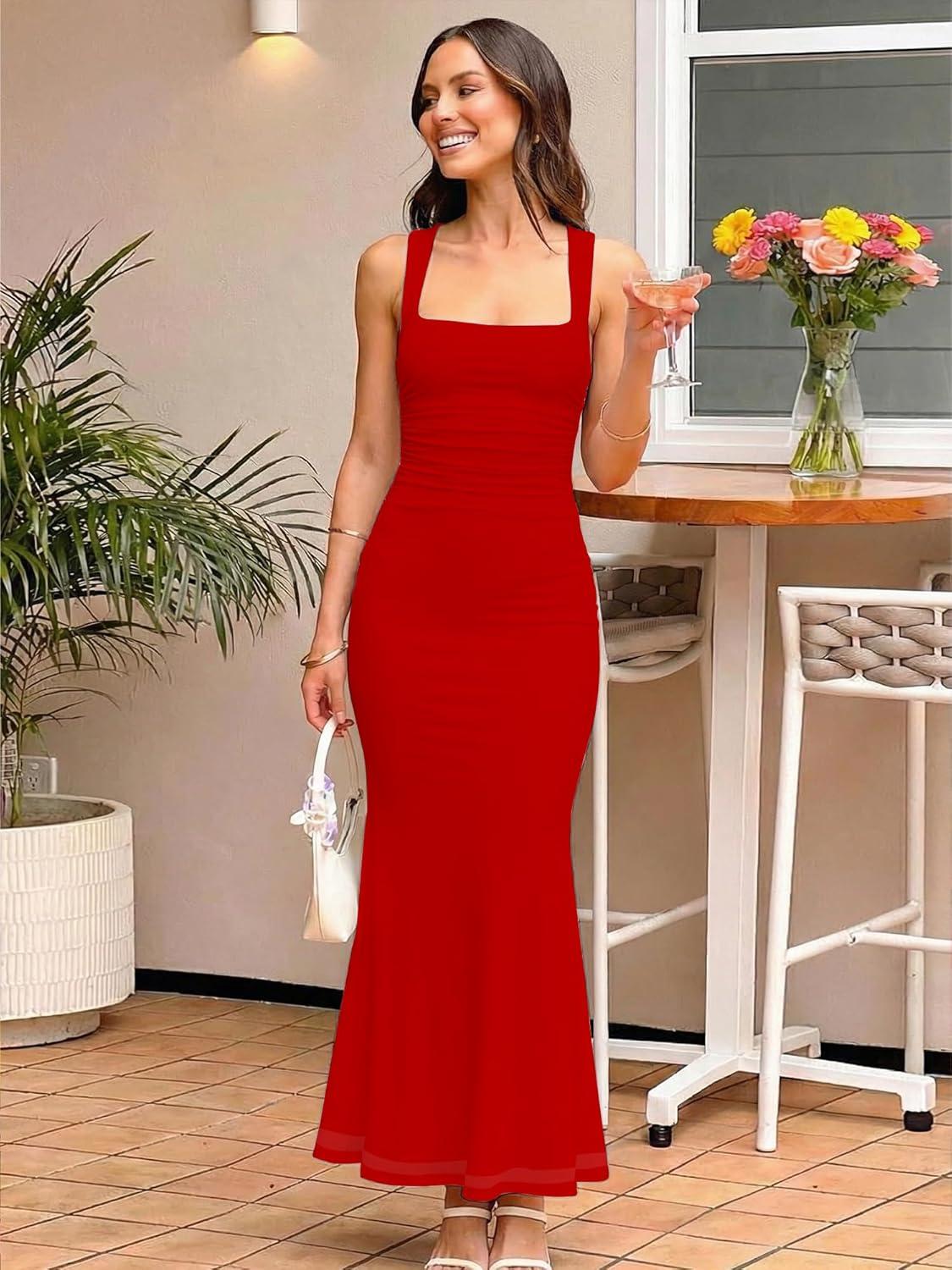 image:imageBORIFLORS Womens Ruched Bodycon Maxi Dress Mesh Sleeveless Square Neck Formal Beach Wedding Guest Cocktail Long DressesRed