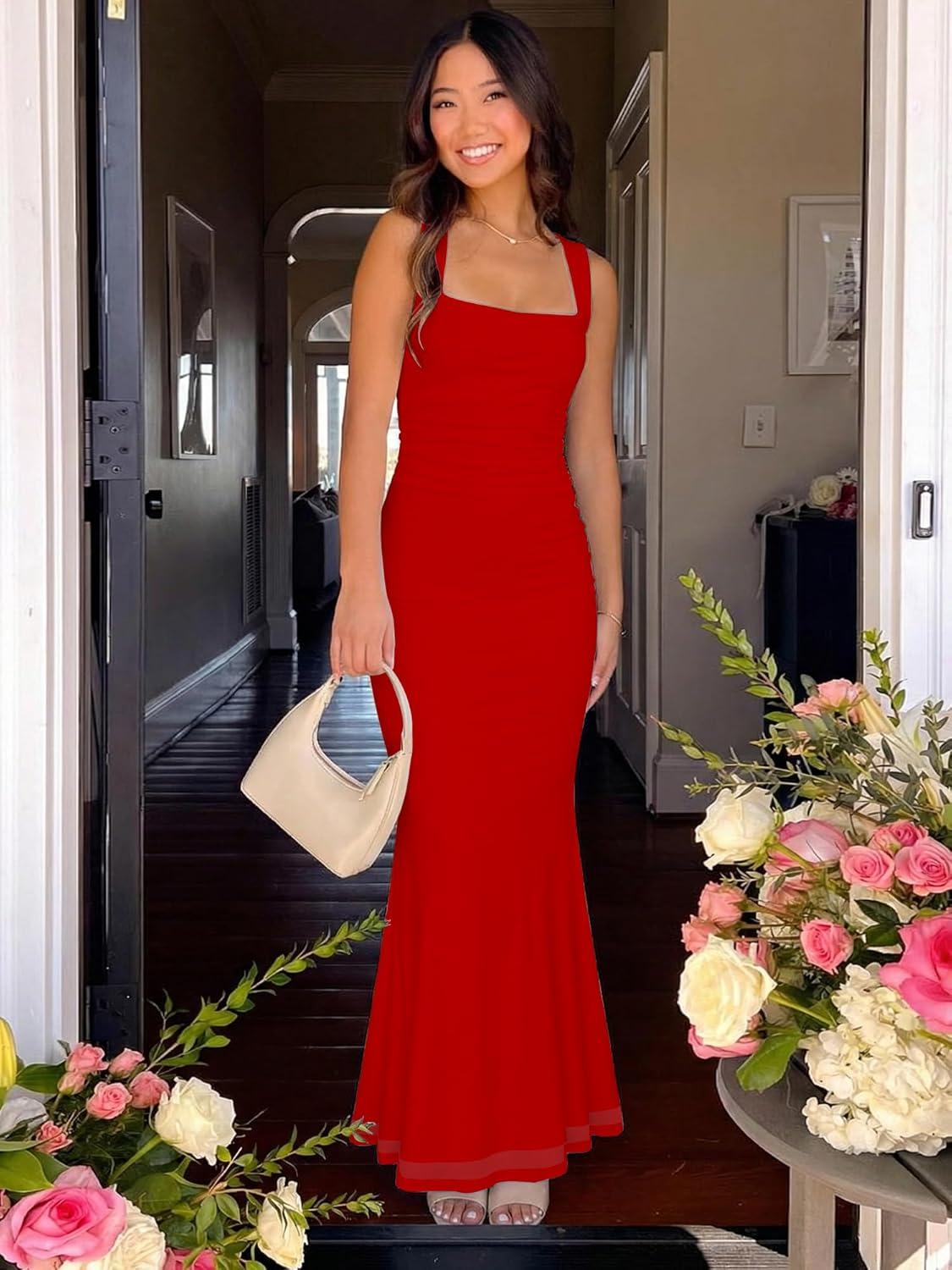 image:imageBORIFLORS Womens Ruched Bodycon Maxi Dress Mesh Sleeveless Square Neck Formal Beach Wedding Guest Cocktail Long DressesRed