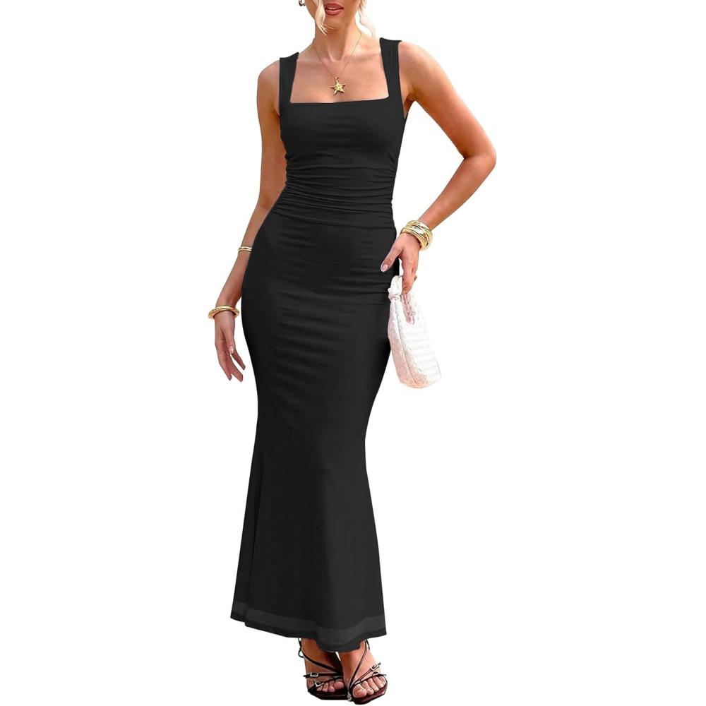 image:imageBORIFLORS Womens Ruched Bodycon Maxi Dress Mesh Sleeveless Square Neck Formal Beach Wedding Guest Cocktail Long DressesBlack
