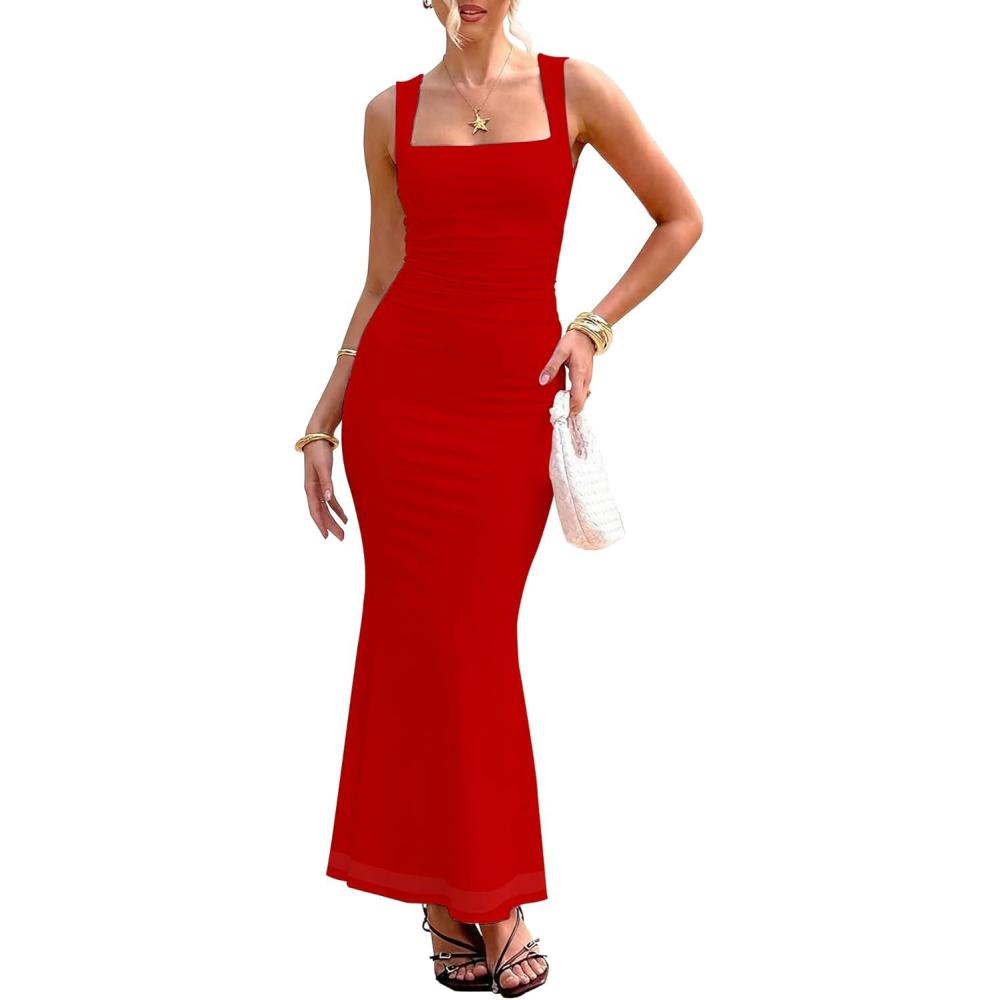 image:imageBORIFLORS Womens Ruched Bodycon Maxi Dress Mesh Sleeveless Square Neck Formal Beach Wedding Guest Cocktail Long DressesRed