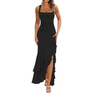 BORIFLORS Women’s Elegant Bodycon Ruched Maxi Cocktail Dress Mesh Sleeveless Mermaid Ruffle Beach Wedding Guest Long Dresses(Black)