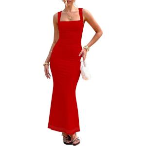 BORIFLORS Women’s Ruched Bodycon Maxi Dress Mesh Sleeveless Square Neck Formal Beach Wedding Guest Cocktail Long Dresses(Red)