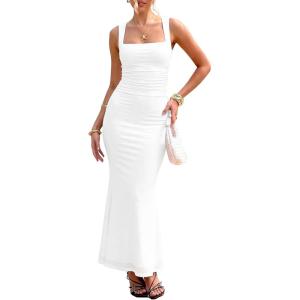 BORIFLORS Women’s Ruched Bodycon Maxi Dress Mesh Sleeveless Square Neck Formal Beach Wedding Guest Cocktail Long Dresses(White)