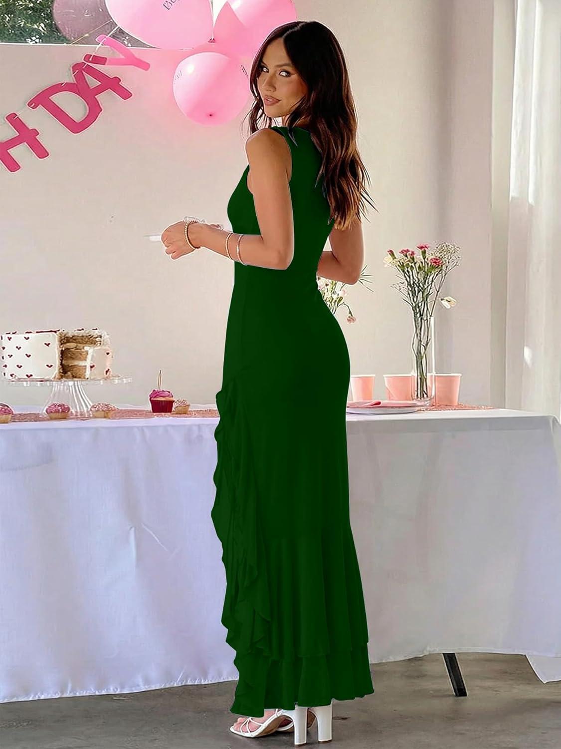 image:imageBORIFLORS Womens Elegant Bodycon Ruched Maxi Cocktail Dress Mesh Sleeveless Mermaid Ruffle Beach Wedding Guest Long DressesDark Green
