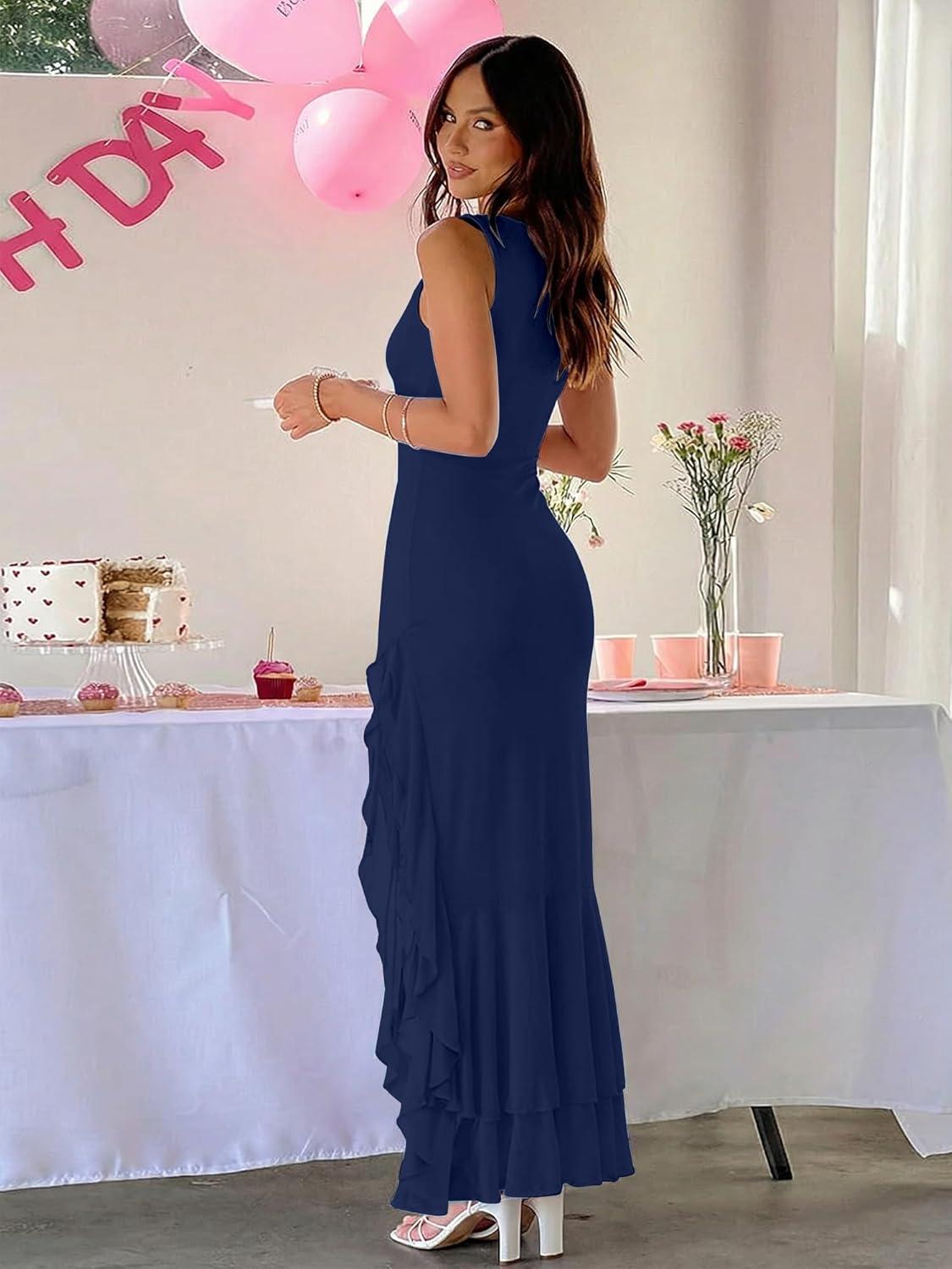 image:imageBORIFLORS Womens Elegant Bodycon Ruched Maxi Cocktail Dress Mesh Sleeveless Mermaid Ruffle Beach Wedding Guest Long DressesNavy