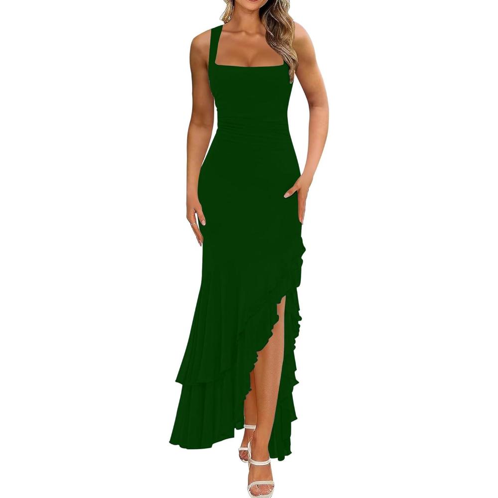 image:imageBORIFLORS Womens Elegant Bodycon Ruched Maxi Cocktail Dress Mesh Sleeveless Mermaid Ruffle Beach Wedding Guest Long DressesDark Green