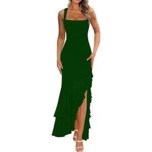 BORIFLORS Women’s Elegant Bodycon Ruched Maxi Cocktail Dress Mesh Sleeveless Mermaid Ruffle Beach Wedding Guest Long Dresses(Dark Green)