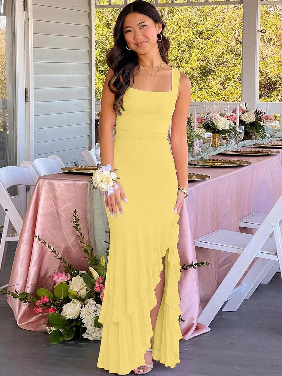 image:imageBORIFLORS Womens Elegant Bodycon Ruched Maxi Cocktail Dress Mesh Sleeveless Mermaid Ruffle Beach Wedding Guest Long DressesYellow