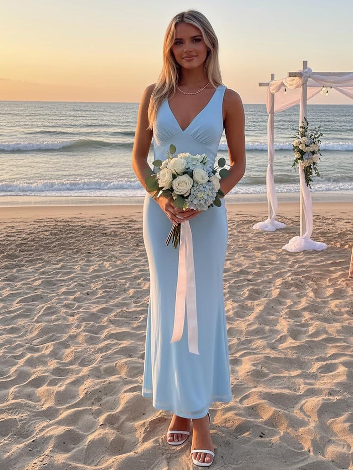 image:imageBORIFLORS Womens Sexy V Neck Bodycon Maxi Cocktail Dress Mesh Sleeveless Beach Wedding Guest Long Formal DressesBaby Blue