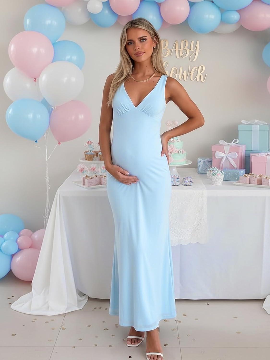 image:imageBORIFLORS Womens Sexy V Neck Bodycon Maxi Cocktail Dress Mesh Sleeveless Beach Wedding Guest Long Formal DressesBaby Blue