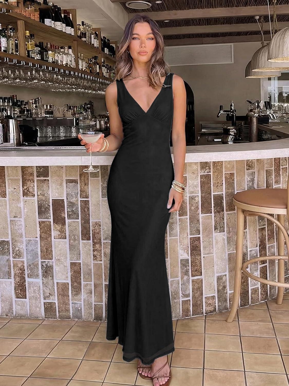 image:imageBORIFLORS Womens Sexy V Neck Bodycon Maxi Cocktail Dress Mesh Sleeveless Beach Wedding Guest Long Formal DressesBlack