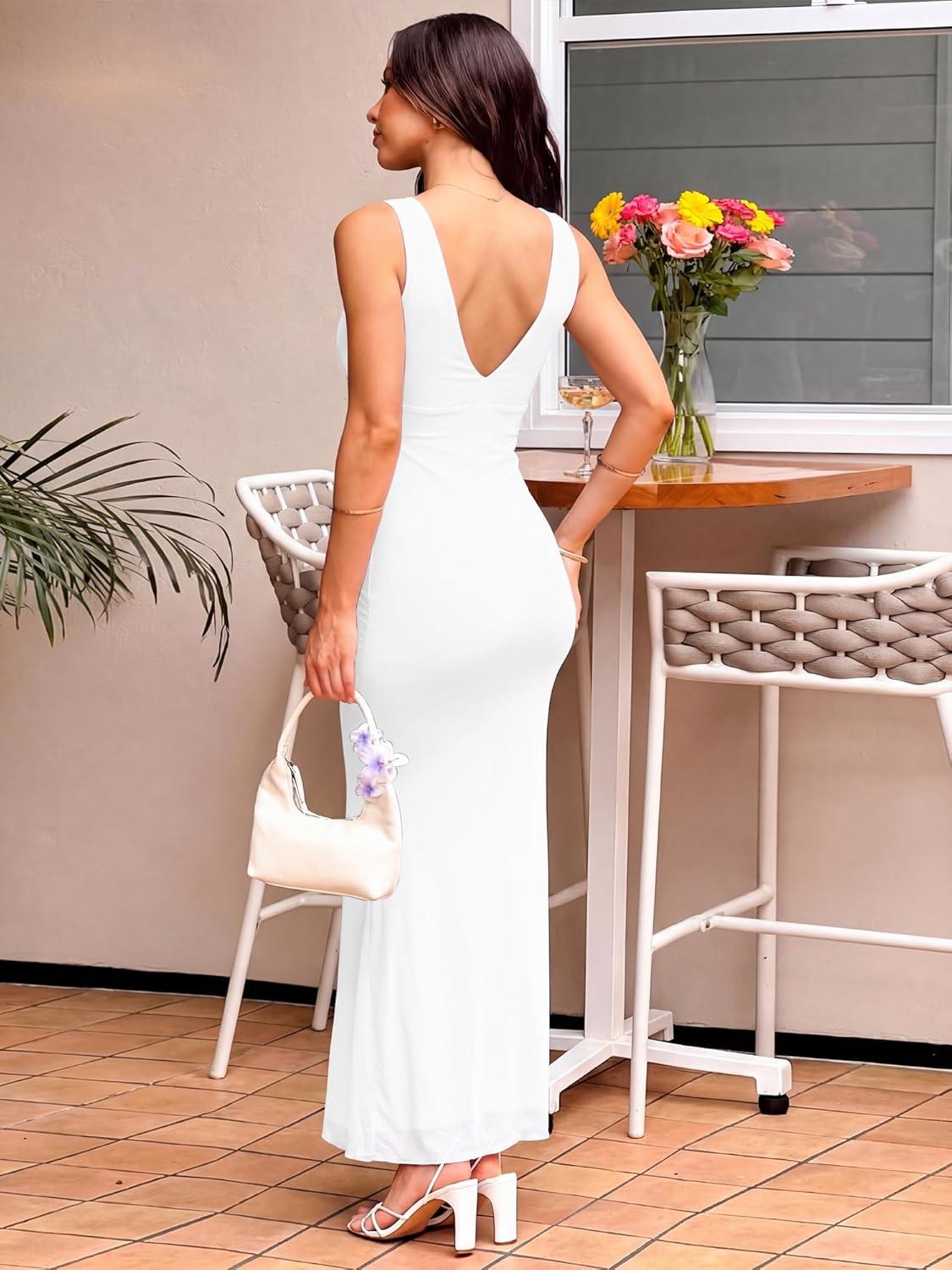 image:imageBORIFLORS Womens Sexy V Neck Bodycon Maxi Cocktail Dress Mesh Sleeveless Beach Wedding Guest Long Formal DressesWhite