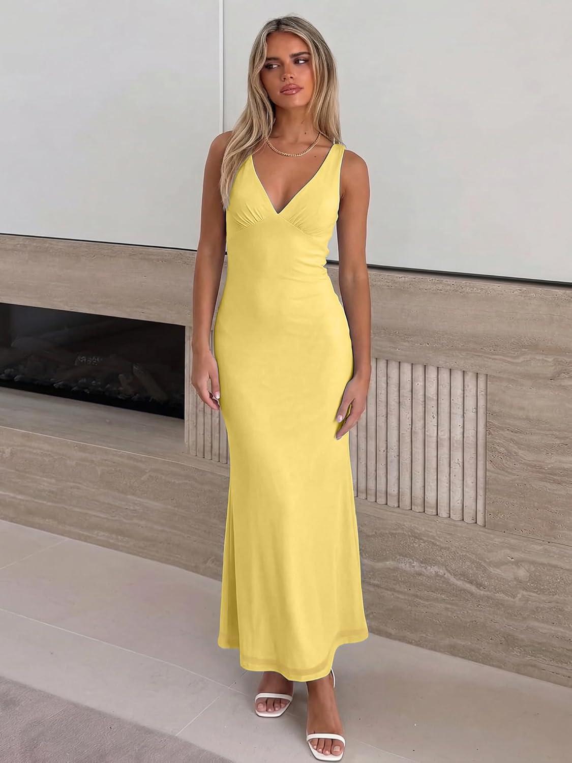 image:imageBORIFLORS Womens Sexy V Neck Bodycon Maxi Cocktail Dress Mesh Sleeveless Beach Wedding Guest Long Formal DressesYellow
