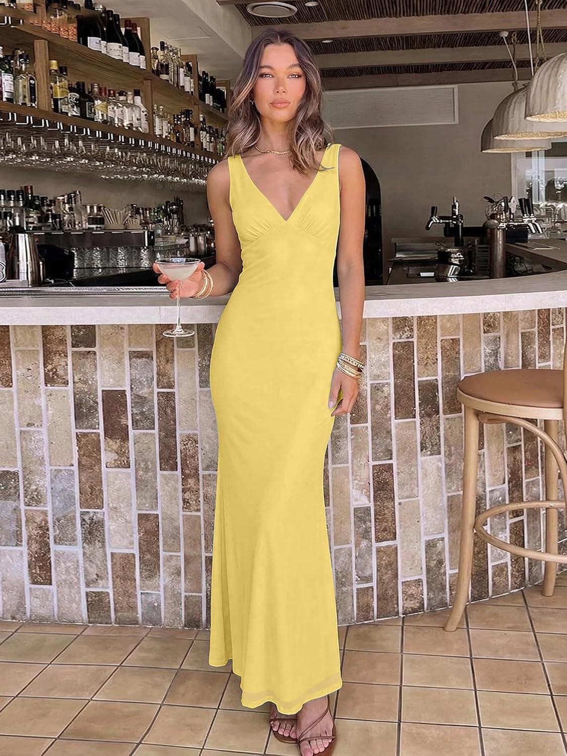 image:imageBORIFLORS Womens Sexy V Neck Bodycon Maxi Cocktail Dress Mesh Sleeveless Beach Wedding Guest Long Formal DressesYellow