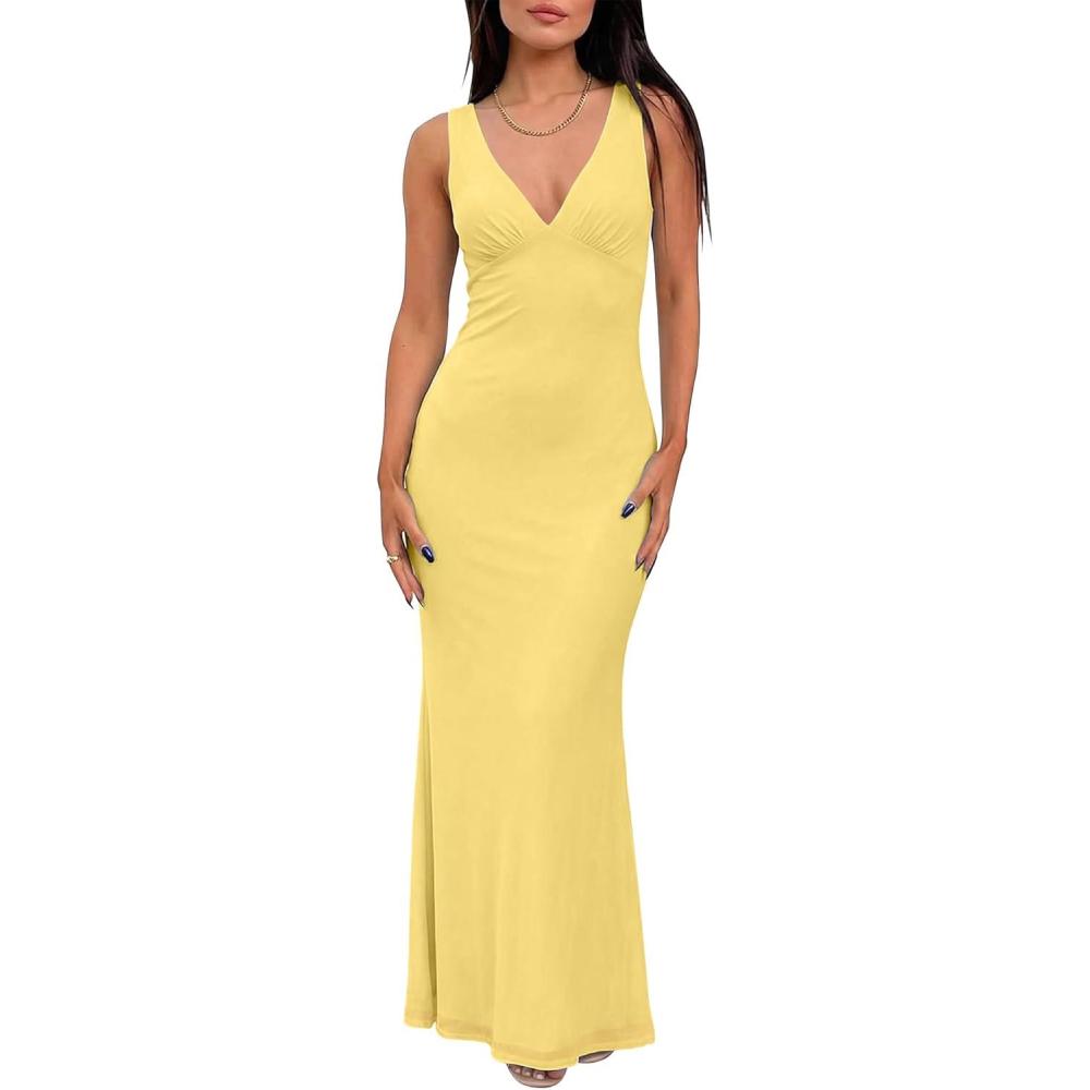 image:imageBORIFLORS Womens Sexy V Neck Bodycon Maxi Cocktail Dress Mesh Sleeveless Beach Wedding Guest Long Formal DressesYellow