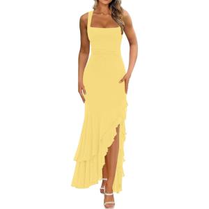 BORIFLORS Women’s Elegant Bodycon Ruched Maxi Cocktail Dress Mesh Sleeveless Mermaid Ruffle Beach Wedding Guest Long Dresses(Yellow)