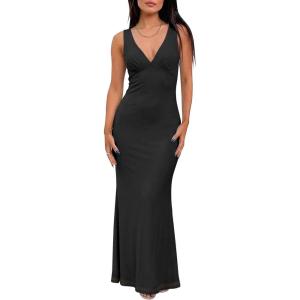 BORIFLORS Women’s Sexy V Neck Bodycon Maxi Cocktail Dress Mesh Sleeveless Beach Wedding Guest Long Formal Dresses(Black)