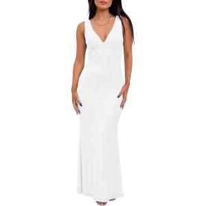 BORIFLORS Women’s Sexy V Neck Bodycon Maxi Cocktail Dress Mesh Sleeveless Beach Wedding Guest Long Formal Dresses(White)
