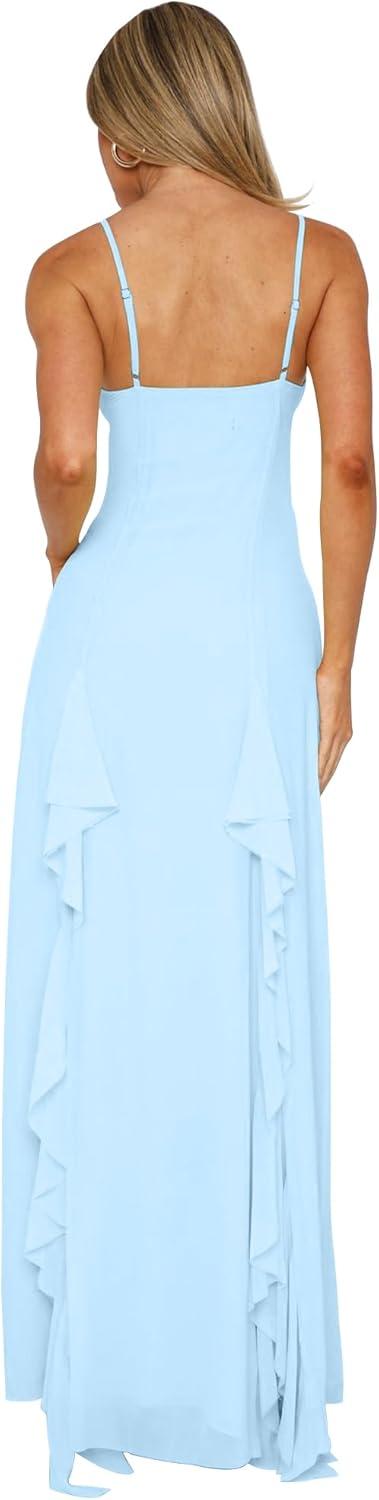image:imageBORIFLORS Womens Sexy V Neck Spaghetti Strap Vacation Maxi Dress High Slit Cocktail Wedding Guest Long Formal DressesBaby Blue
