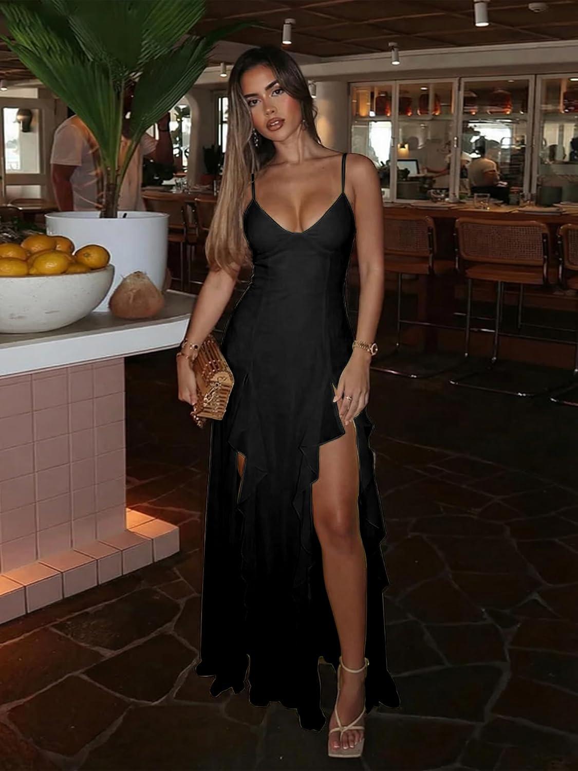 image:imageBORIFLORS Womens Sexy V Neck Spaghetti Strap Vacation Maxi Dress High Slit Cocktail Wedding Guest Long Formal DressesBlack