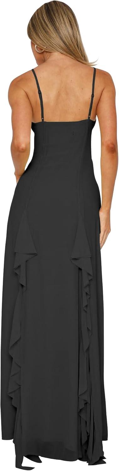image:imageBORIFLORS Womens Sexy V Neck Spaghetti Strap Vacation Maxi Dress High Slit Cocktail Wedding Guest Long Formal DressesBlack