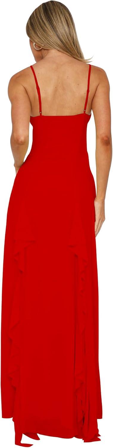 image:imageBORIFLORS Womens Sexy V Neck Spaghetti Strap Vacation Maxi Dress High Slit Cocktail Wedding Guest Long Formal DressesRed