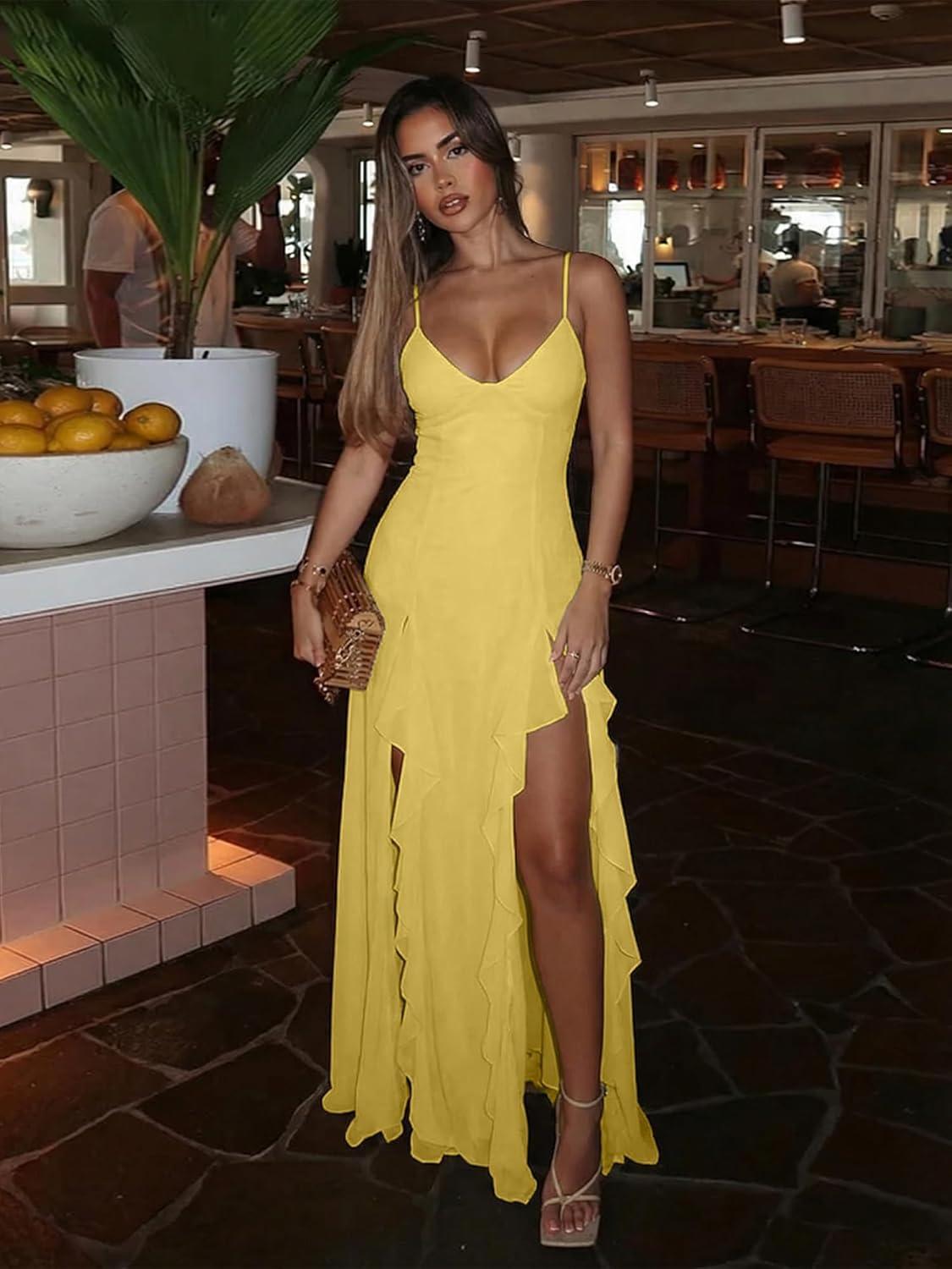 image:imageBORIFLORS Womens Sexy V Neck Spaghetti Strap Vacation Maxi Dress High Slit Cocktail Wedding Guest Long Formal DressesYellow