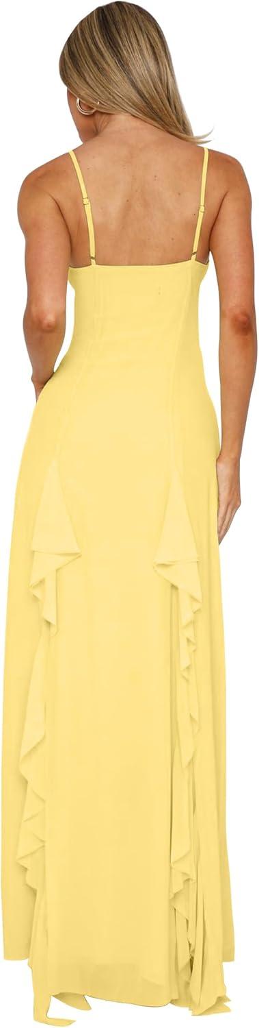 image:imageBORIFLORS Womens Sexy V Neck Spaghetti Strap Vacation Maxi Dress High Slit Cocktail Wedding Guest Long Formal DressesYellow