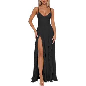 BORIFLORS Women’s Sexy V Neck Spaghetti Strap Vacation Maxi Dress High Slit Cocktail Wedding Guest Long Formal Dresses(Black)