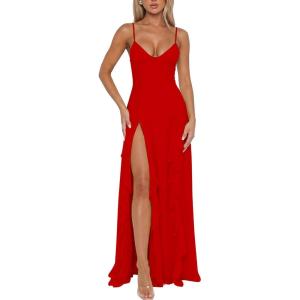 BORIFLORS Women’s Sexy V Neck Spaghetti Strap Vacation Maxi Dress High Slit Cocktail Wedding Guest Long Formal Dresses(Red)