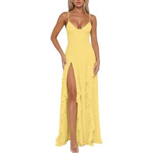 BORIFLORS Women’s Sexy V Neck Spaghetti Strap Vacation Maxi Dress High Slit Cocktail Wedding Guest Long Formal Dresses(Yellow)