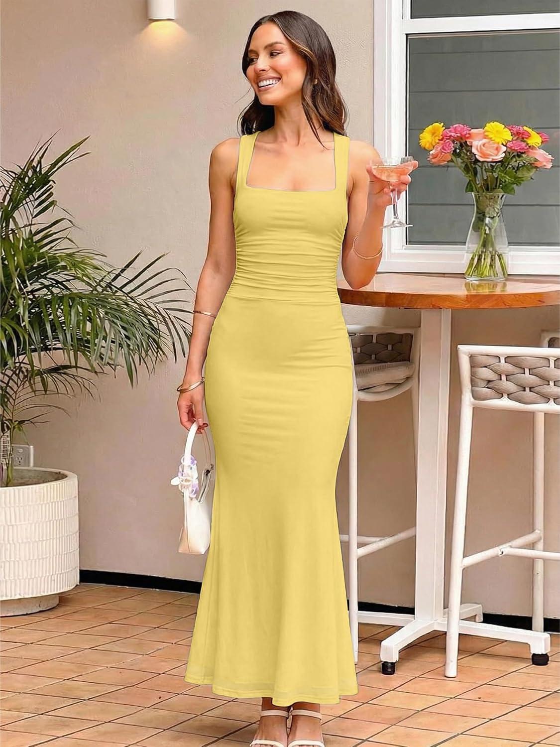 image:imageBORIFLORS Womens Ruched Bodycon Maxi Dress Mesh Sleeveless Square Neck Formal Beach Wedding Guest Cocktail Long DressesYellow