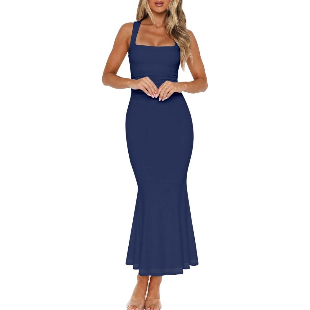 image:imageBORIFLORS Womens Ruched Bodycon Maxi Dress Mesh Sleeveless Square Neck Formal Beach Wedding Guest Cocktail Long DressesNavy