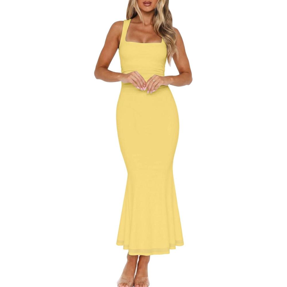 image:imageBORIFLORS Womens Ruched Bodycon Maxi Dress Mesh Sleeveless Square Neck Formal Beach Wedding Guest Cocktail Long DressesYellow
