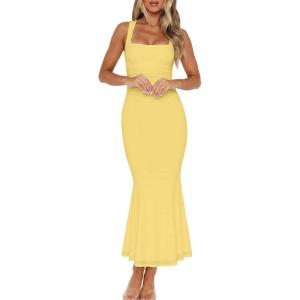 BORIFLORS Women’s Ruched Bodycon Maxi Dress Mesh Sleeveless Square Neck Formal Beach Wedding Guest Cocktail Long Dresses(Yellow)