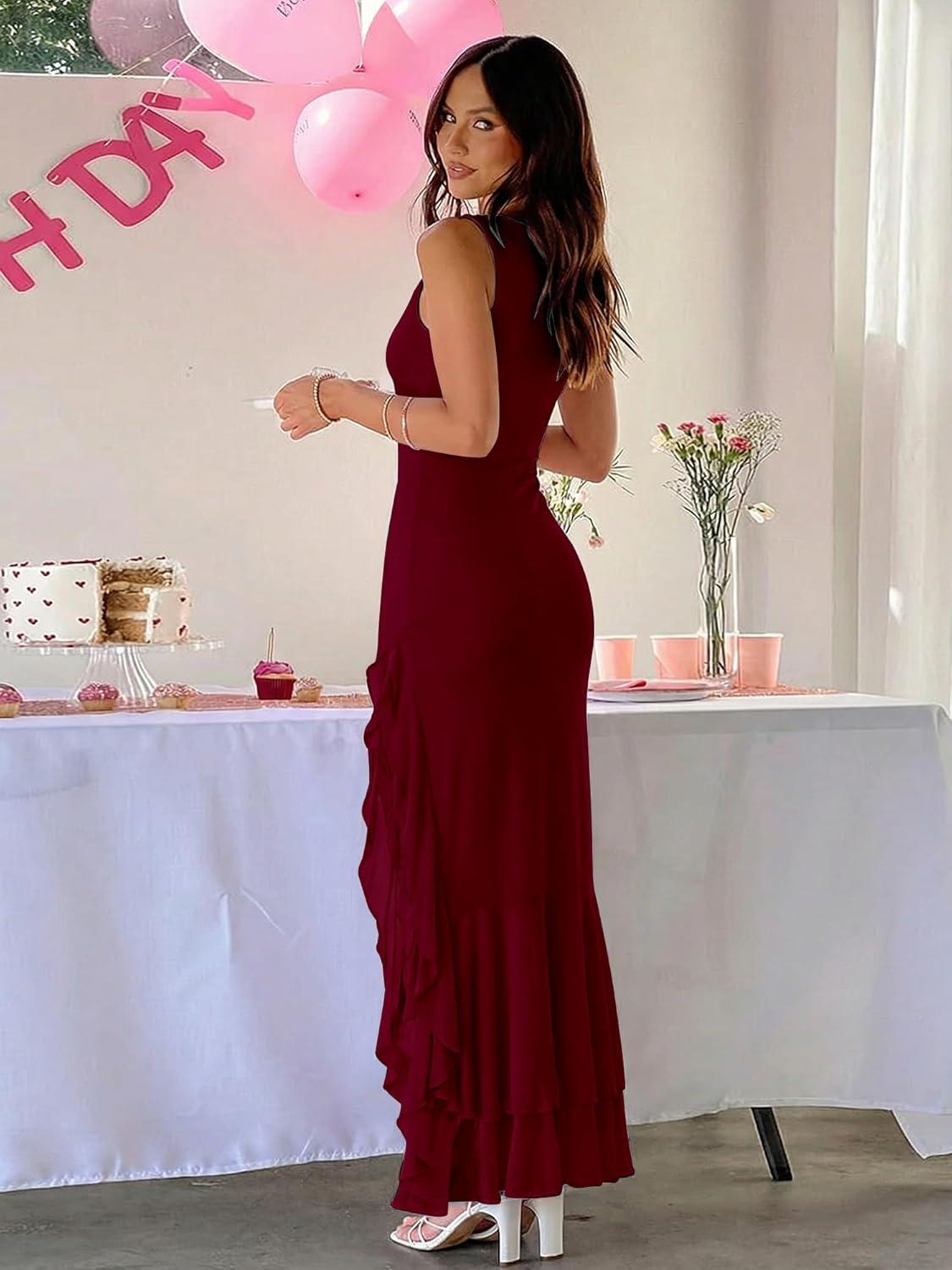 image:imageBORIFLORS Womens Elegant Bodycon Ruched Maxi Cocktail Dress Mesh Sleeveless Mermaid Ruffle Beach Wedding Guest Long DressesWine Red