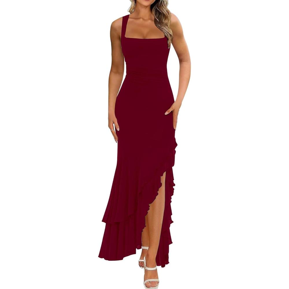 image:imageBORIFLORS Womens Elegant Bodycon Ruched Maxi Cocktail Dress Mesh Sleeveless Mermaid Ruffle Beach Wedding Guest Long DressesWine Red