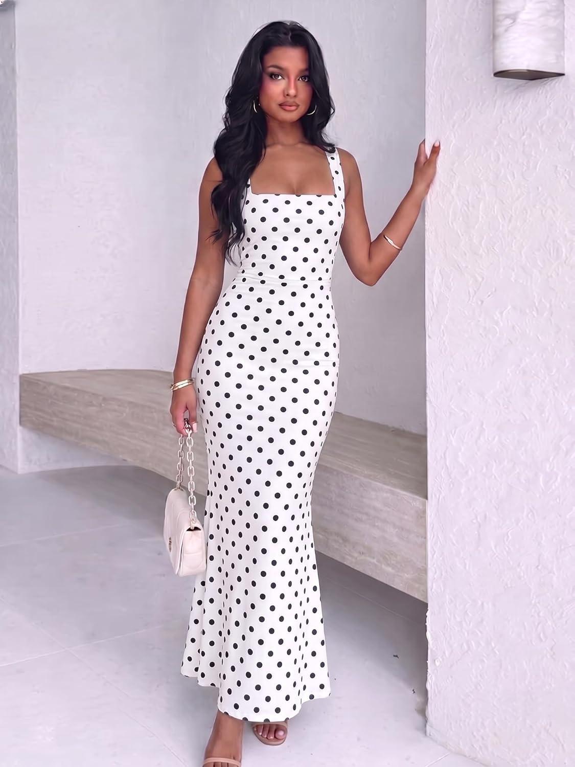 image:imageBORIFLORS Womens Ruched Bodycon Maxi Dress Mesh Sleeveless Square Neck Formal Beach Wedding Guest Cocktail Long DressesDot White