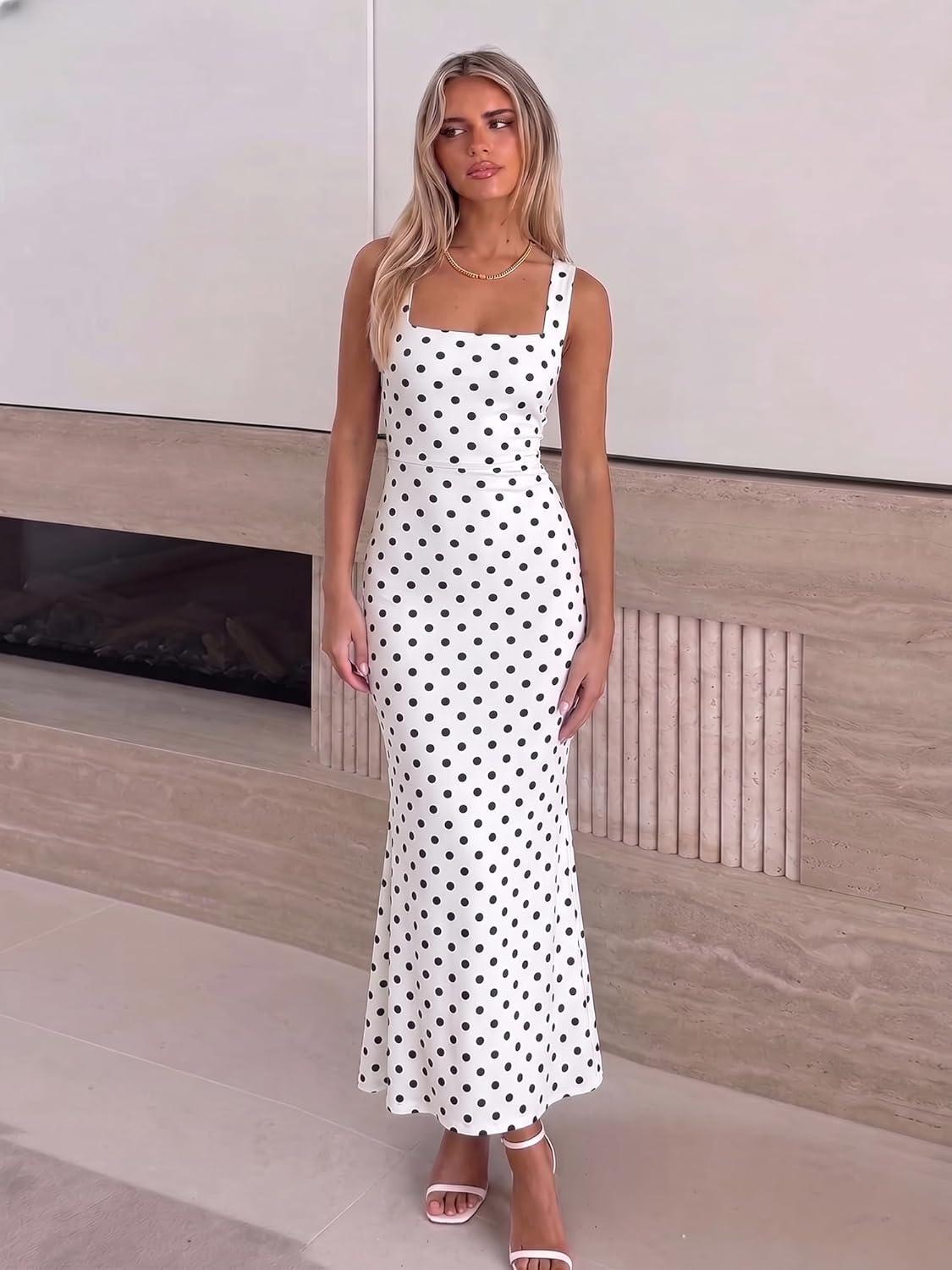 image:imageBORIFLORS Womens Ruched Bodycon Maxi Dress Mesh Sleeveless Square Neck Formal Beach Wedding Guest Cocktail Long DressesDot White