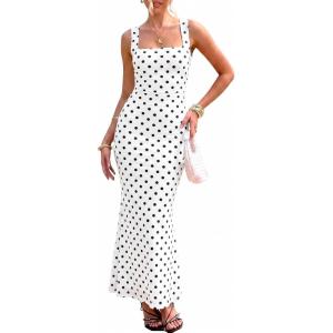 BORIFLORS Women’s Ruched Bodycon Maxi Dress Mesh Sleeveless Square Neck Formal Beach Wedding Guest Cocktail Long Dresses(Dot White)