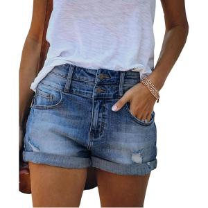 Short en jean décontracté pour femme, taille haute, ourlet effiloché, pantalon d&rsquo;été court avec poches(Bleu Foncé)