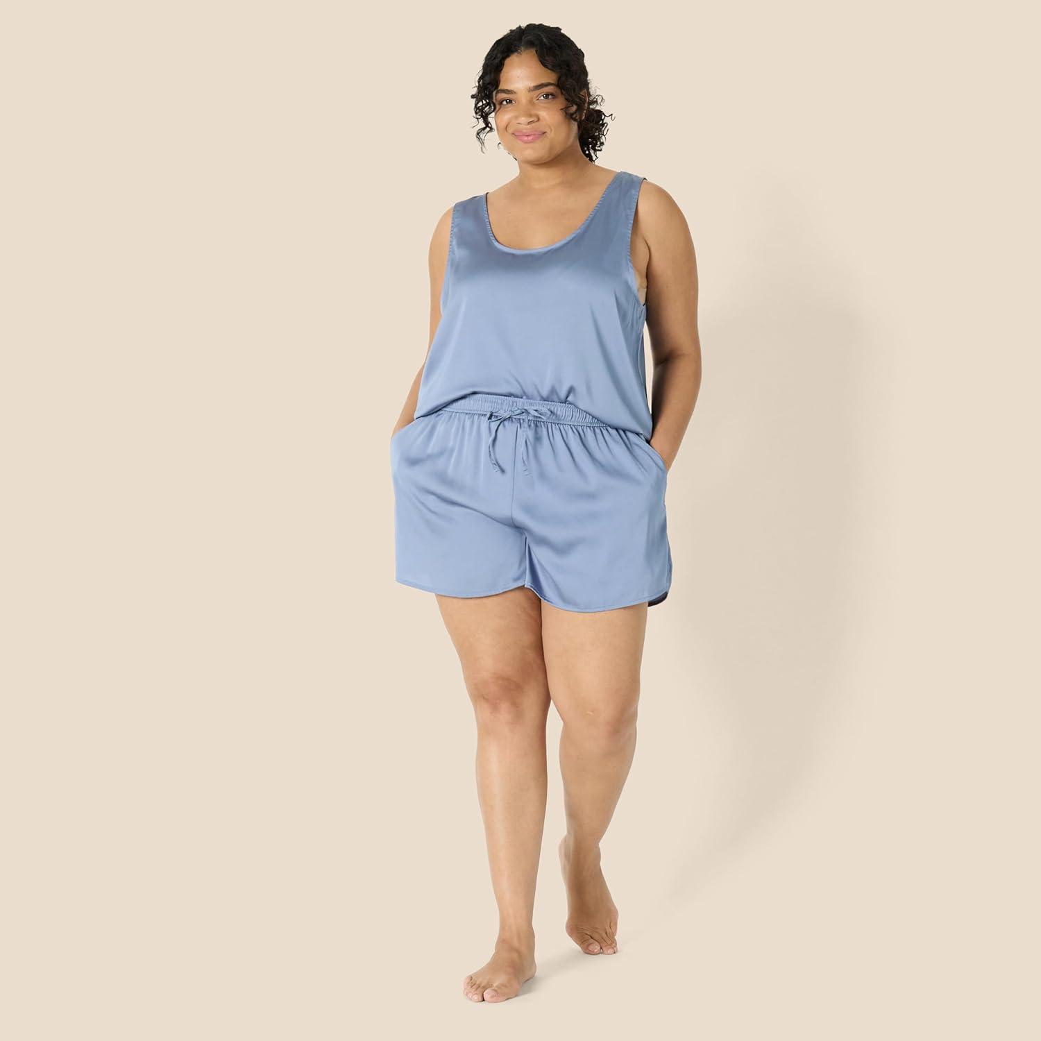 imageAmazon Essentials Femme Ensemble de Vtements de Nuit Dbardeur et Short en SatinBleu Gris