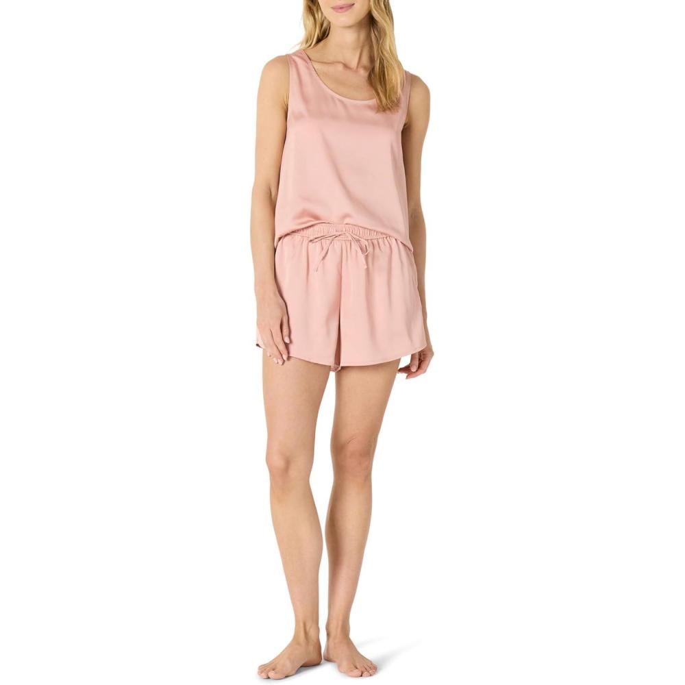 imageAmazon Essentials Femme Ensemble de Vtements de Nuit Dbardeur et Short en SatinRos Gris