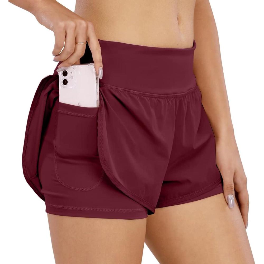 imageShort de Course pour Femmes2 en 1 Short de Sport pour Femmes avec PocheTaille Haute Short schage Rapide pour FitnessJoggingentranementRouge