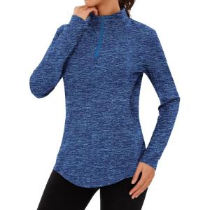 Haut de Running Femme 1/4 Zip à Manches Longues Sweatshirt Sport Léger Respirant Séchage Rapide Pull de Course Fitness Jogging Extérieur(Bleu Foncé)