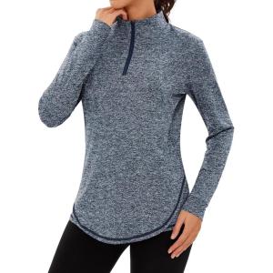 Haut de Running Femme 1/4 Zip à Manches Longues Sweatshirt Sport Léger Respirant Séchage Rapide Pull de Course Fitness Jogging Extérieur(Bleu Marine)
